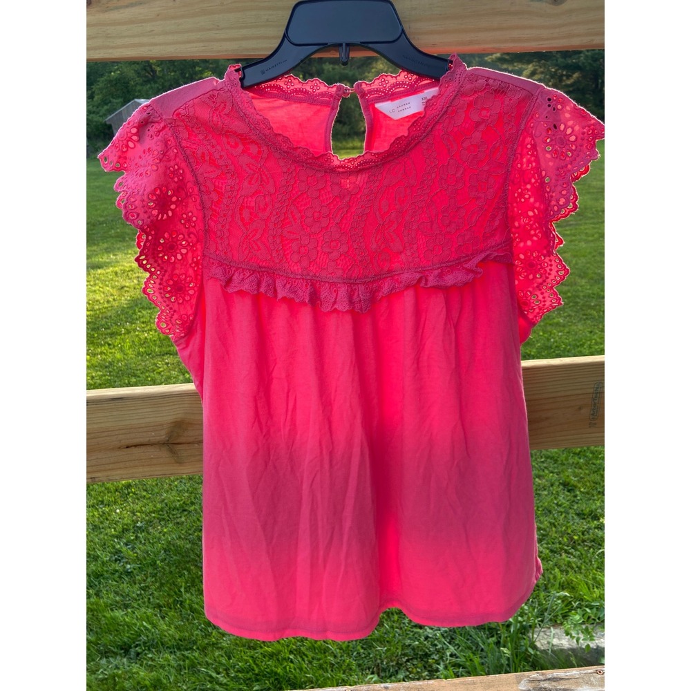 LC Lauren Conrad Womens XXL Pink Lace Yoke Eyelet Flutter Sleeve Blouse Top